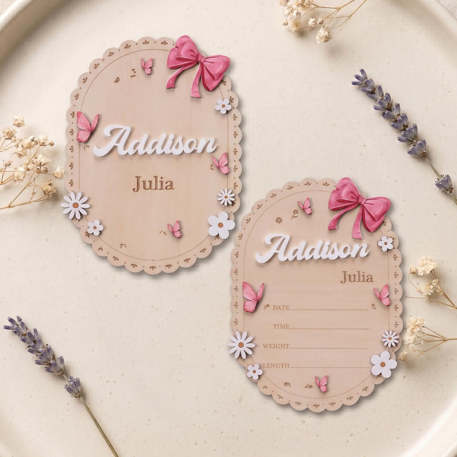 Oval Baby Name Sign for Nursery Scalloped Wood Birth Announcement Sign Custom Wood Plaque for Hospital Girl Bow Personalized Baby Gift