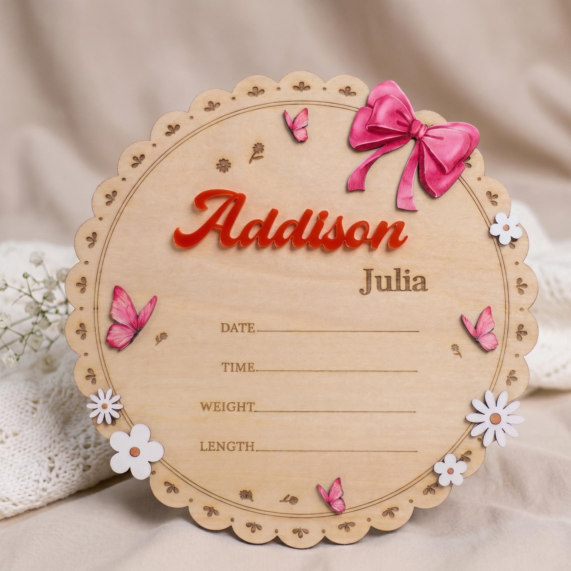 Personalized Round Baby Name Sign for Nursery Scalloped Birth Announcement Sign Custom Wood Plaque Girl Bow Baby Shower Gift