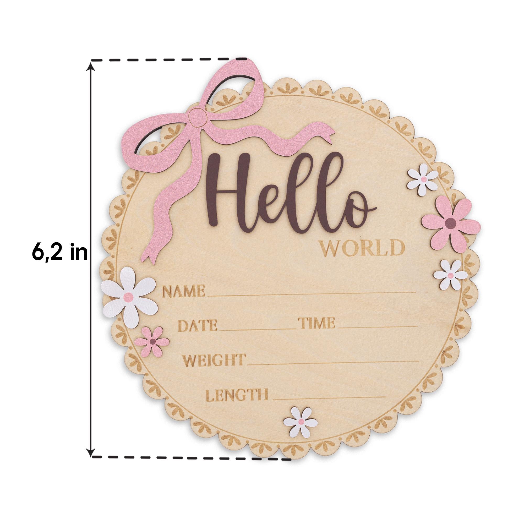Wooden Baby Announcement Sign Hello World Floral Birth Details