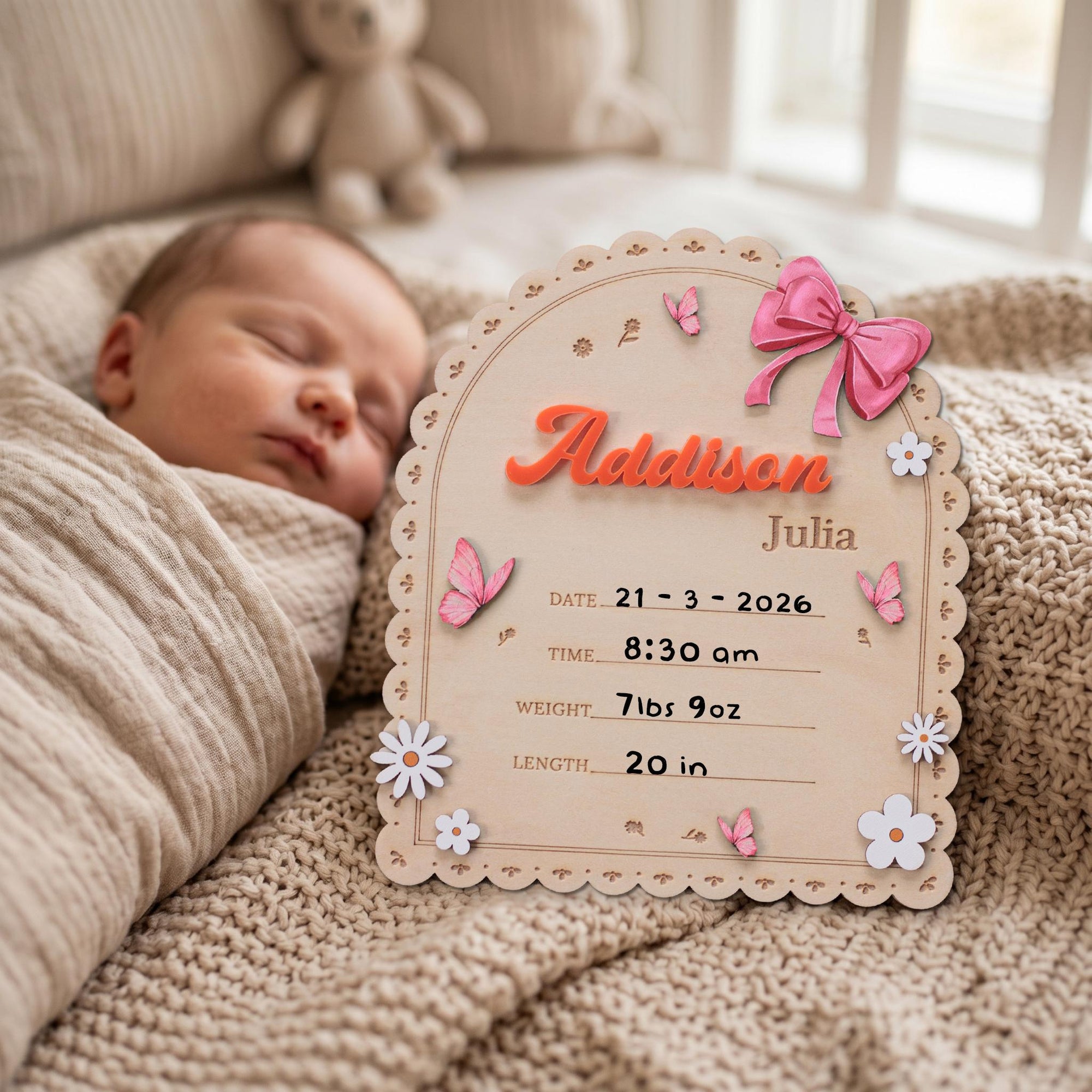 Personalized Baby Name Sign for Nursery Pink Bow Birth Announcement Sign for Hospital Custom Wood Name Plate Girl Newborn Gift