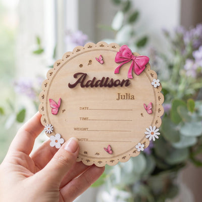 Personalized Round Baby Name Sign for Nursery Scalloped Birth Announcement Sign Custom Wood Plaque Girl Bow Baby Shower Gift