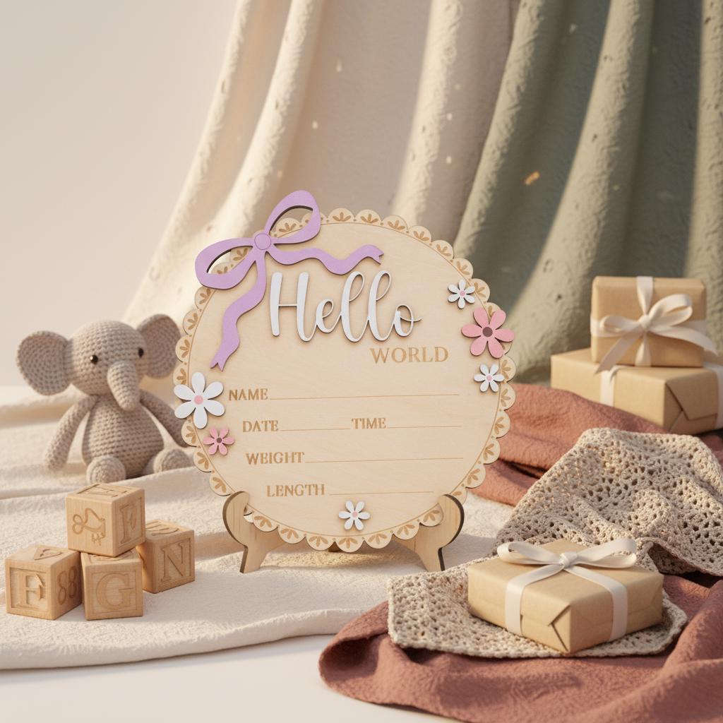 Floral Hello World Baby Sign Wooden Birth Stats Baby Girl Announcement