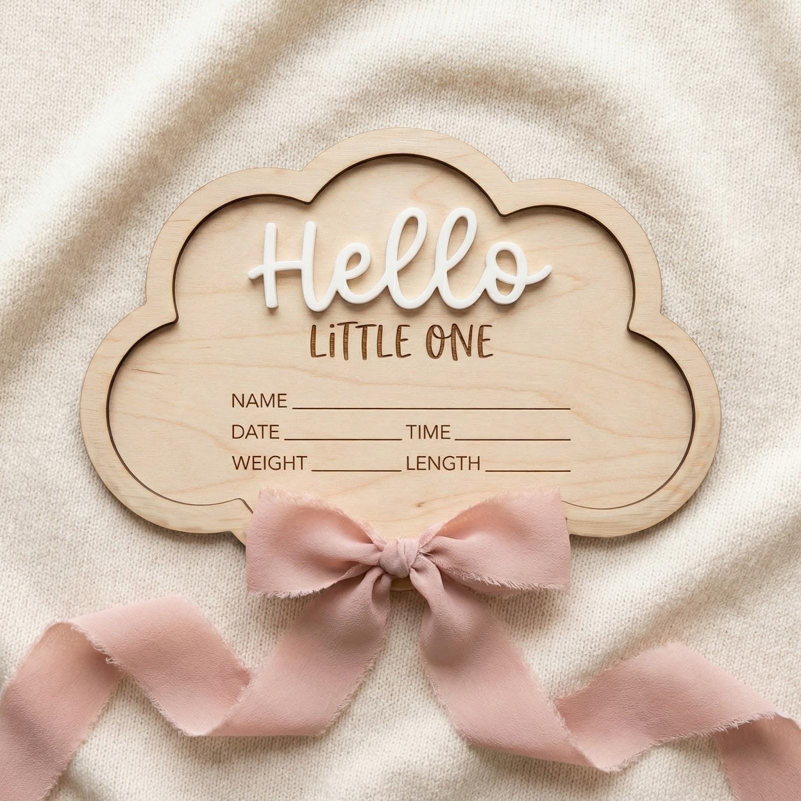 Personalized Baby Stats Plaque for Girl, Newborn Birth Announcement Sign, Boho Hospital Photo Prop, Hello Little One Nursery Decor