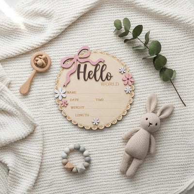 Wooden Baby Announcement Sign Hello World Floral Birth Details