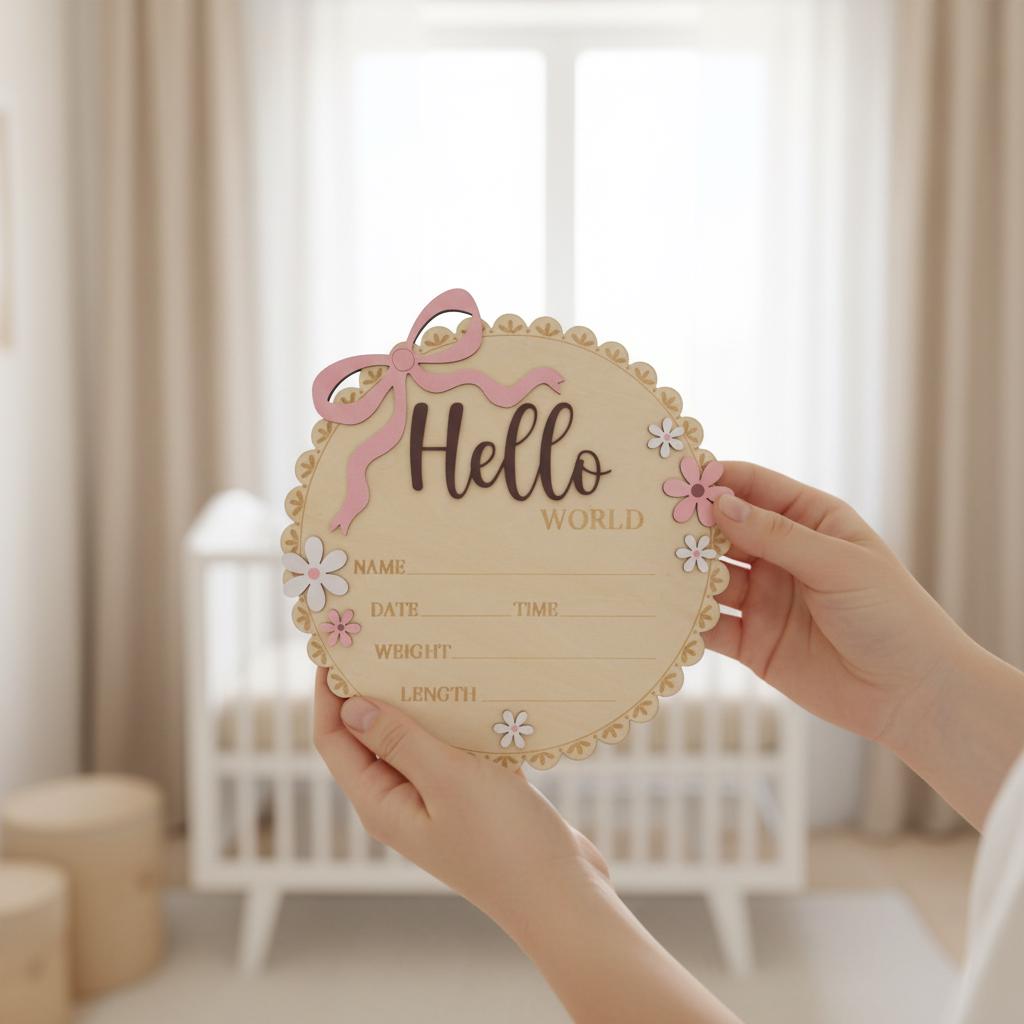 Wooden Baby Announcement Sign Hello World Floral Birth Details