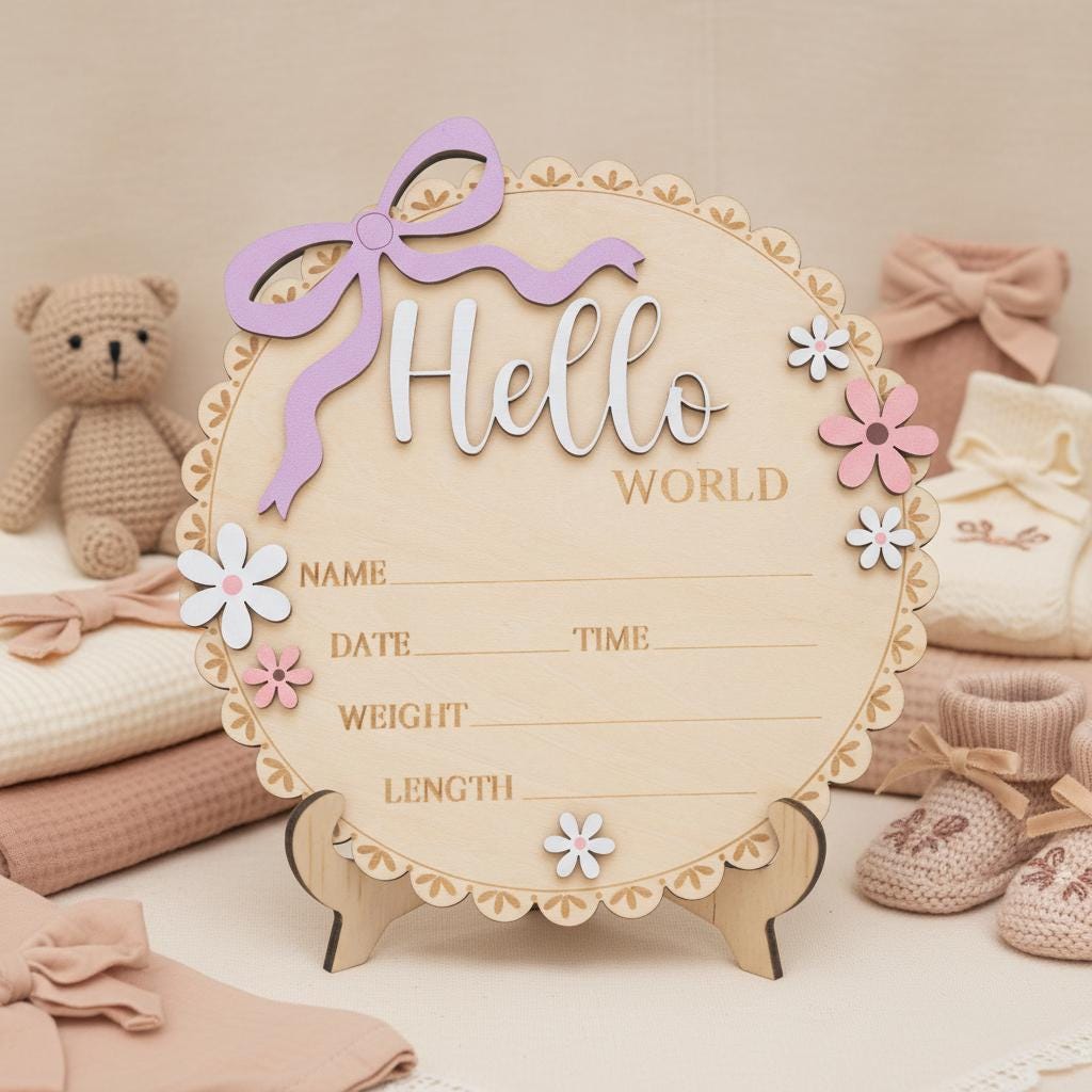 Floral Hello World Baby Sign Wooden Birth Stats Baby Girl Announcement