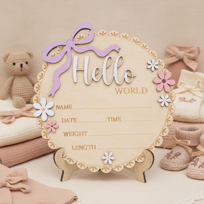 Floral Hello World Baby Sign Wooden Birth Stats Baby Girl Announcement