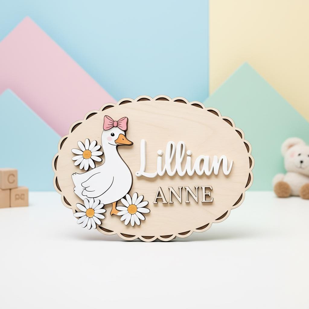 Personalized Baby Name Sign, Wooden Nursery Name Plaque with Goose, Custom Baby Girl Room Decor, Daisy Nursery Wall Decor, Baby Shower Gift