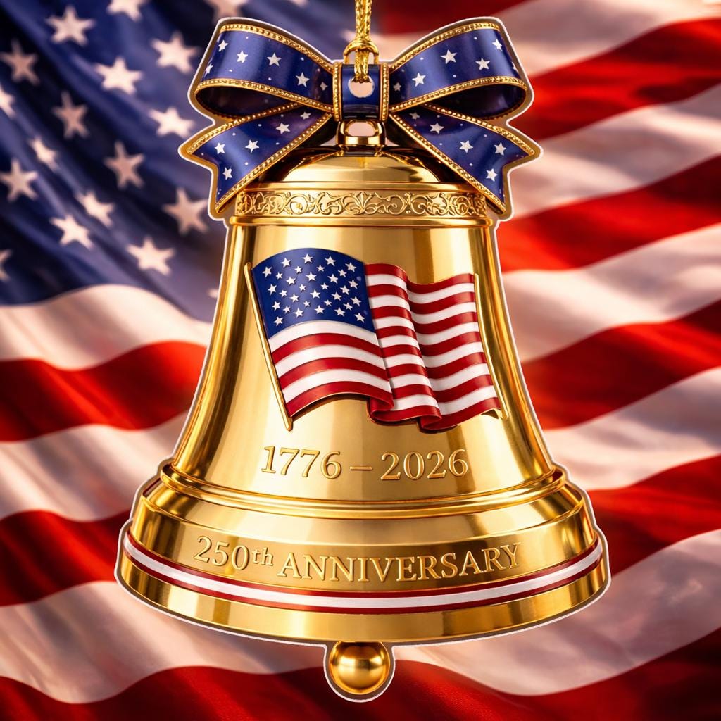 USA 250th Anniversary Golden Bell Ornament, 1776-2026 Liberty Bell Keepsake, Patriotic American Flag Gift, Luxury Holiday Decor