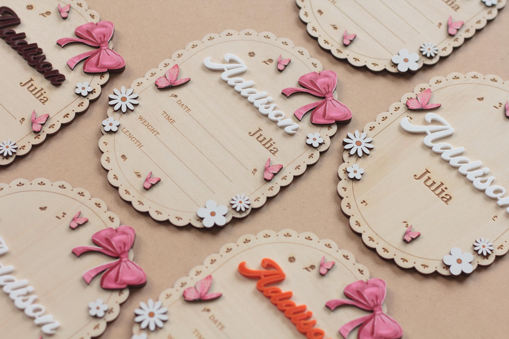 Oval Baby Name Sign for Nursery Scalloped Birth Announcement Sign for Hospital Custom Wood Name Plate Girl Bow Baby Shower Gift