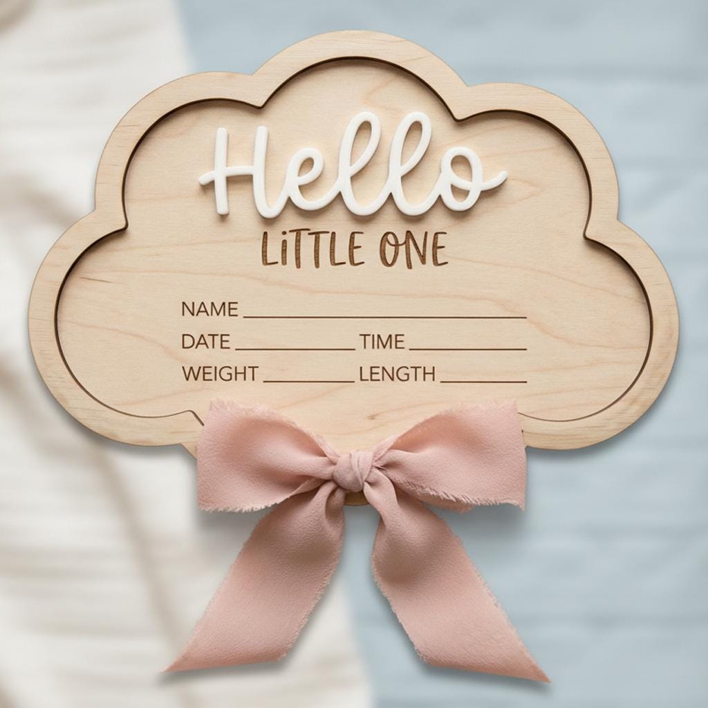 Personalized Baby Stats Plaque for Girl, Newborn Birth Announcement Sign, Boho Hospital Photo Prop, Hello Little One Nursery Decor