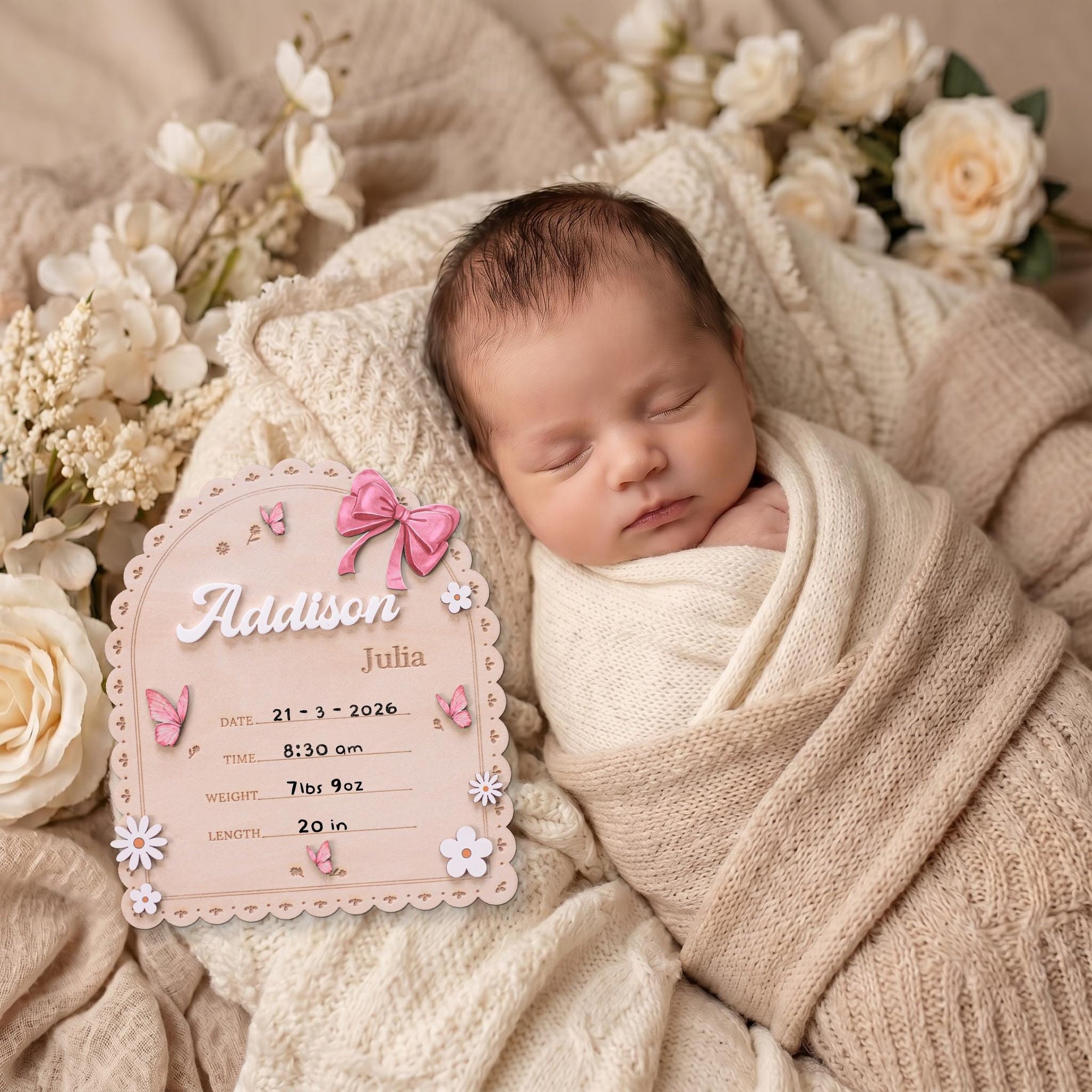 Personalized Baby Name Sign for Nursery Pink Bow Birth Announcement Sign for Hospital Custom Wood Name Plate Girl Newborn Gift