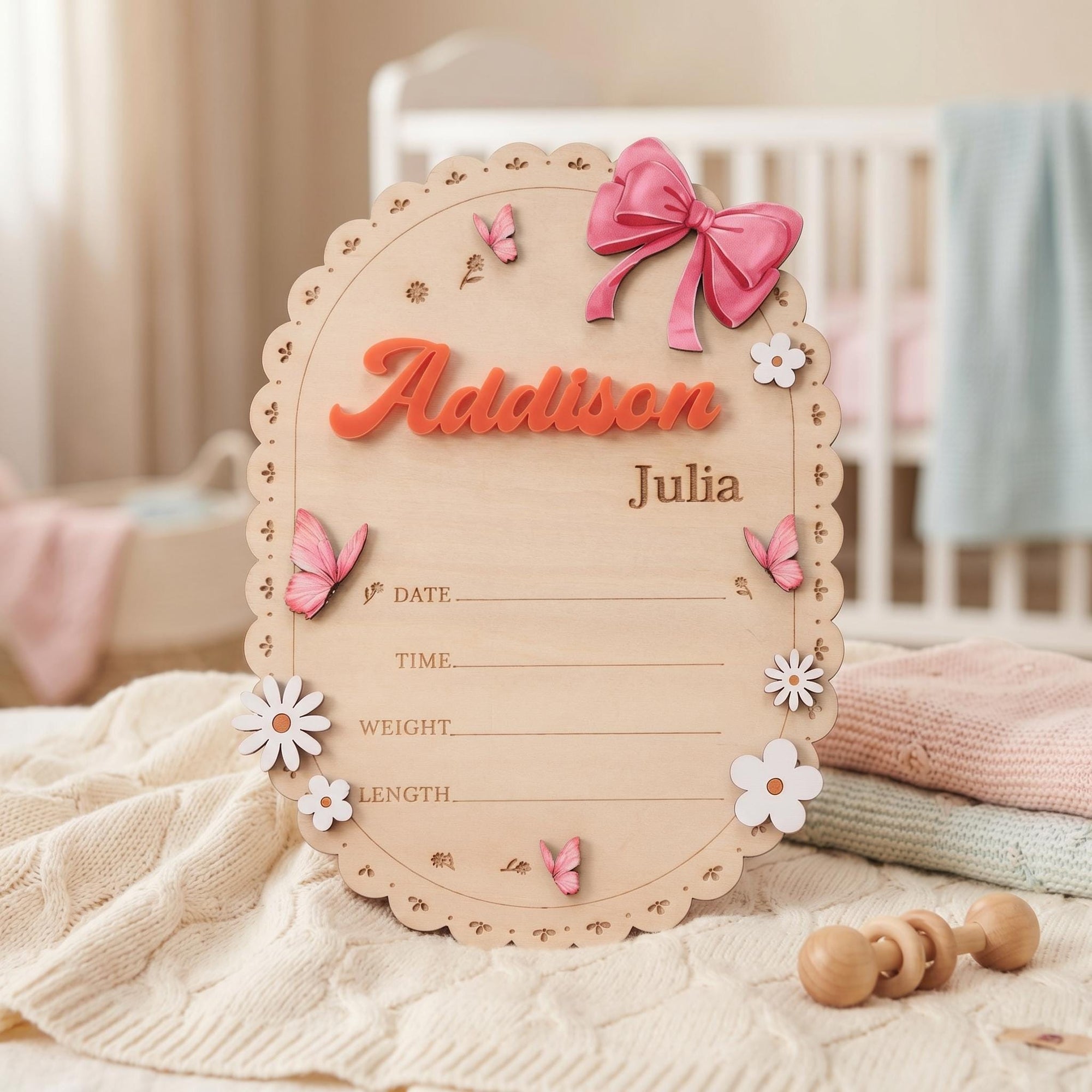 Oval Baby Name Sign for Nursery Scalloped Birth Announcement Sign for Hospital Custom Wood Name Plate Girl Bow Baby Shower Gift
