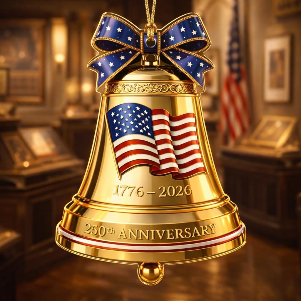 USA 250th Anniversary Golden Bell Ornament, 1776-2026 Liberty Bell Keepsake, Patriotic American Flag Gift, Luxury Holiday Decor