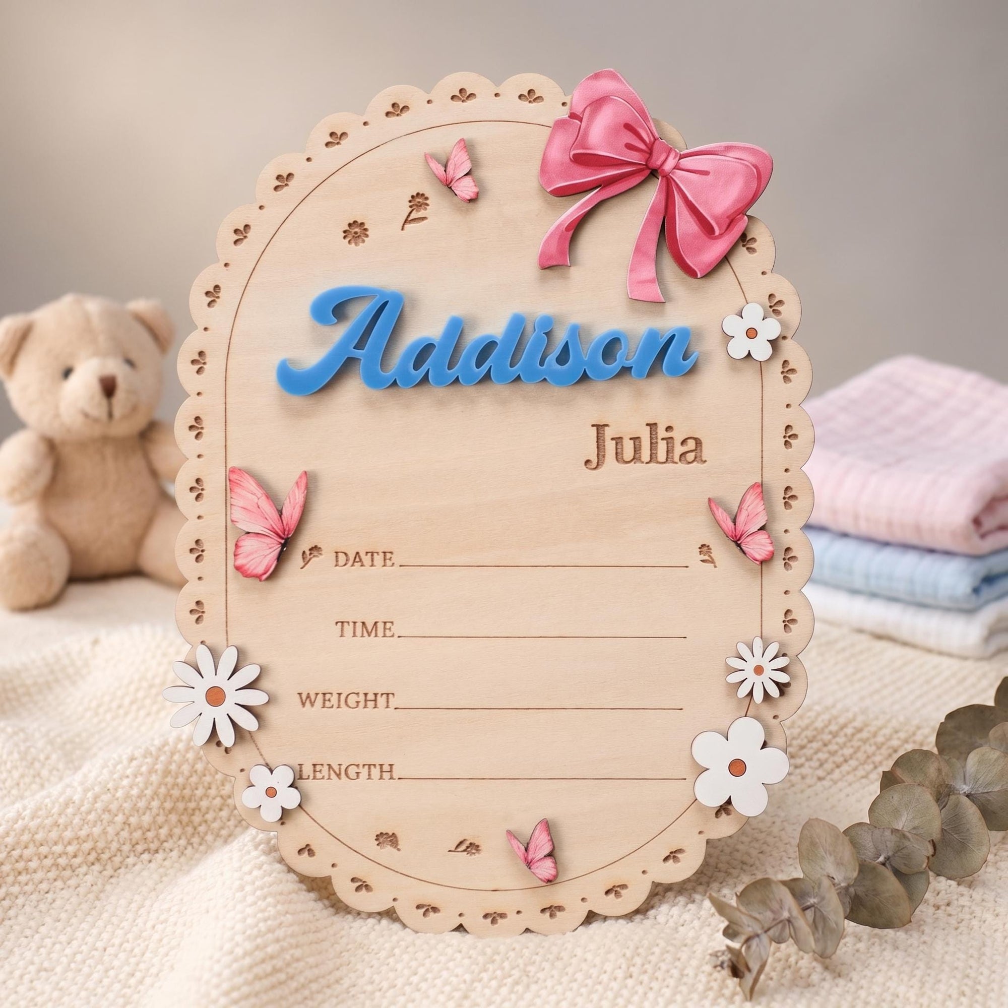 Oval Baby Name Sign for Nursery Scalloped Wood Birth Announcement Sign Custom Wood Plaque for Hospital Girl Bow Personalized Baby Gift