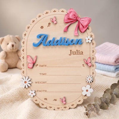 Oval Baby Name Sign for Nursery Scalloped Wood Birth Announcement Sign Custom Wood Plaque for Hospital Girl Bow Personalized Baby Gift