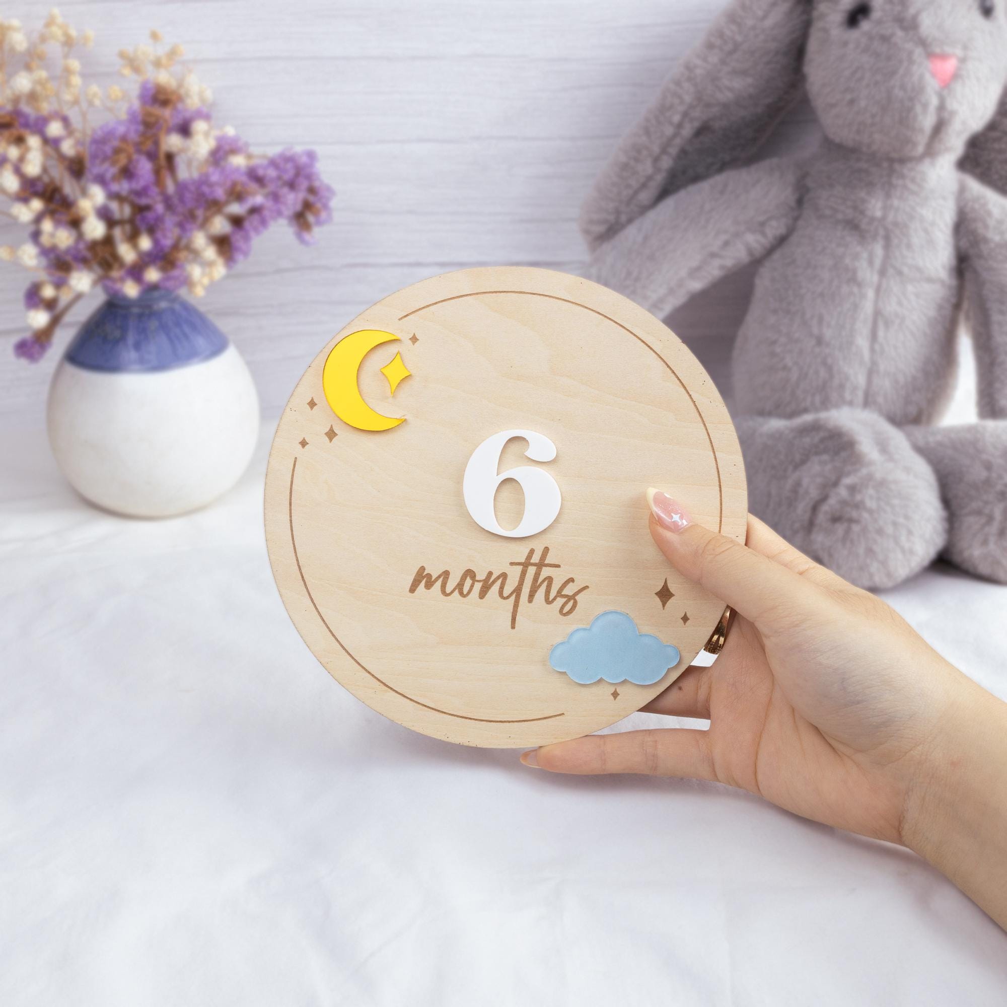 Wooden Baby Milestone Sign, Moon and Stars Monthly Marker Baby, Acrylic Cloud Baby Photo Prop,Newborn Keepsake,Interchangeable Milestone Set