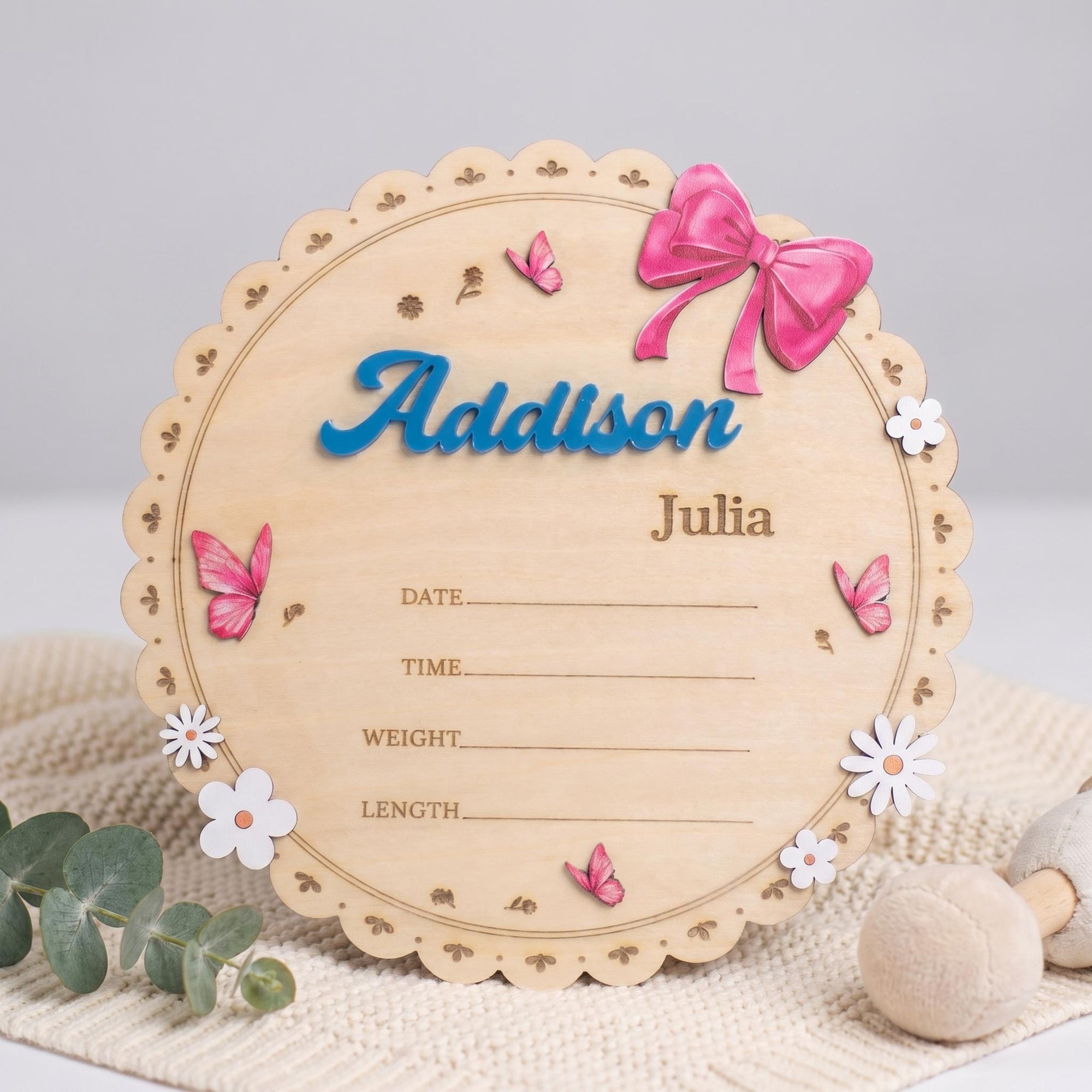 Personalized Round Baby Name Sign for Nursery Scalloped Birth Announcement Sign Custom Wood Plaque Girl Bow Baby Shower Gift