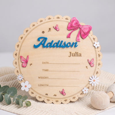 Personalized Round Baby Name Sign for Nursery Scalloped Birth Announcement Sign Custom Wood Plaque Girl Bow Baby Shower Gift