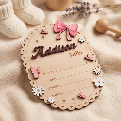 Oval Baby Name Sign for Nursery Scalloped Birth Announcement Sign for Hospital Custom Wood Name Plate Girl Bow Baby Shower Gift