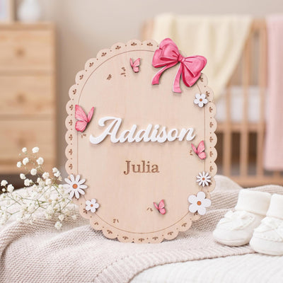 Oval Baby Name Sign for Nursery Scalloped Birth Announcement Sign for Hospital Custom Wood Name Plate Girl Bow Baby Shower Gift
