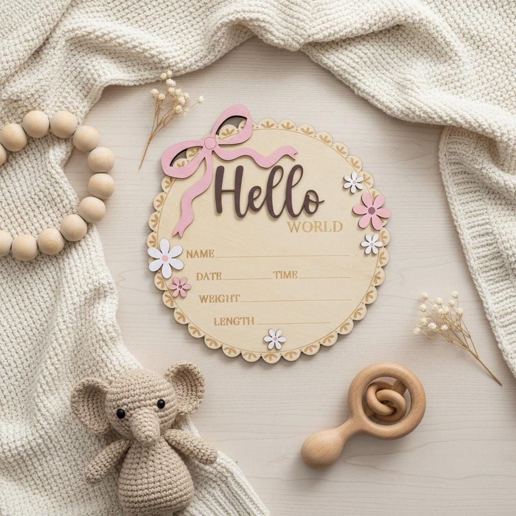 Wooden Baby Announcement Sign Hello World Floral Birth Details