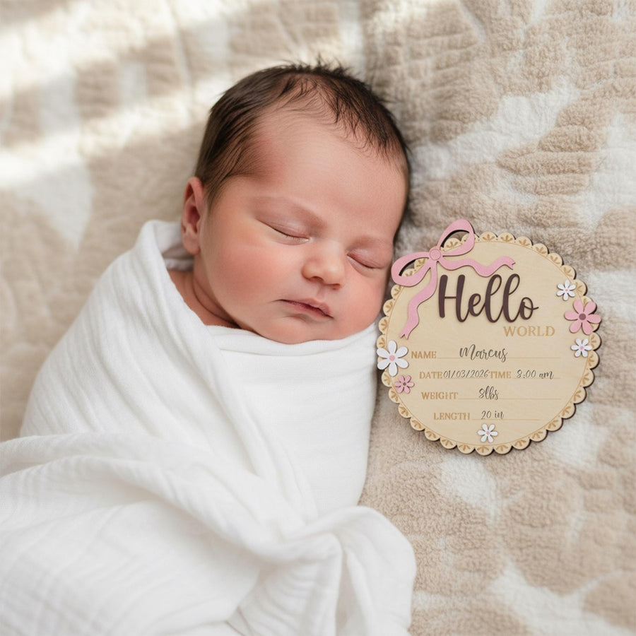 Wooden Baby Announcement Sign Hello World Floral Birth Details