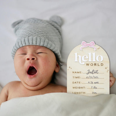 Birth Stats Sign Girl, Hello World Sign, Baby Birth Announcement Sign, Baby Shower Gift, Boho Baby Announcement, Birth Detail Sign With Bow