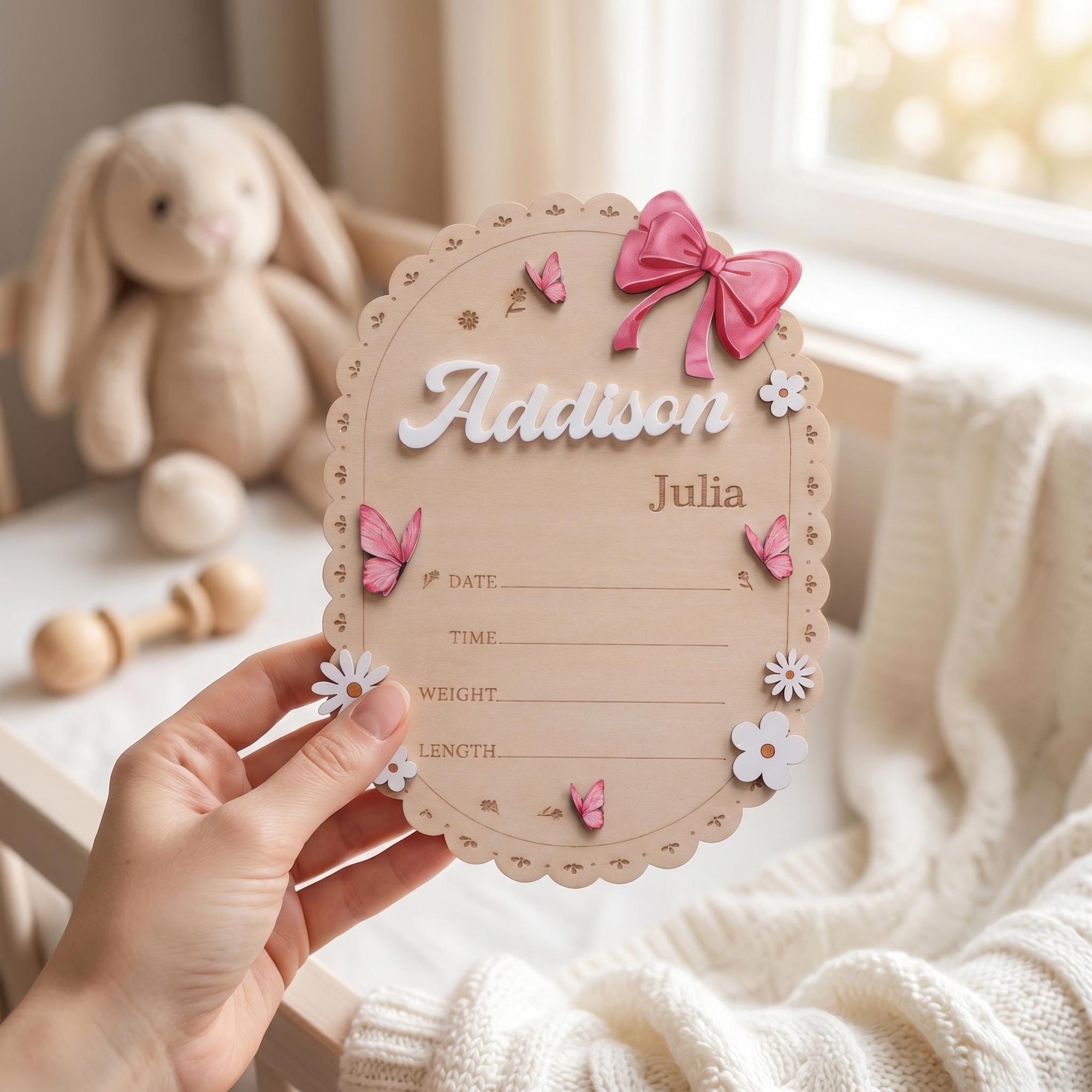 Oval Baby Name Sign for Nursery Scalloped Wood Birth Announcement Sign Custom Wood Plaque for Hospital Girl Bow Personalized Baby Gift