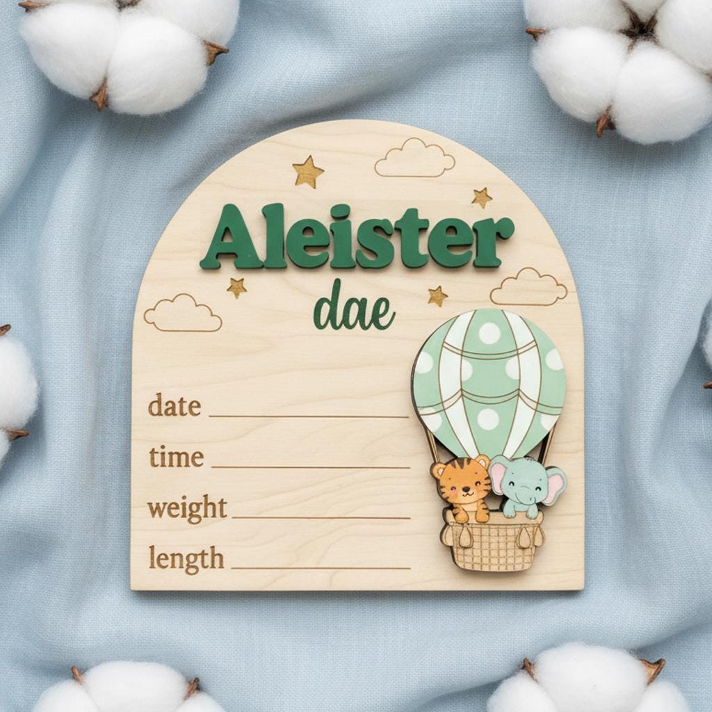 Baby Birth Stats Sign Personalized Wooden Baby Name Sign Balloon Nursery Decor Custom Newborn Announcement Sign Photo Prop