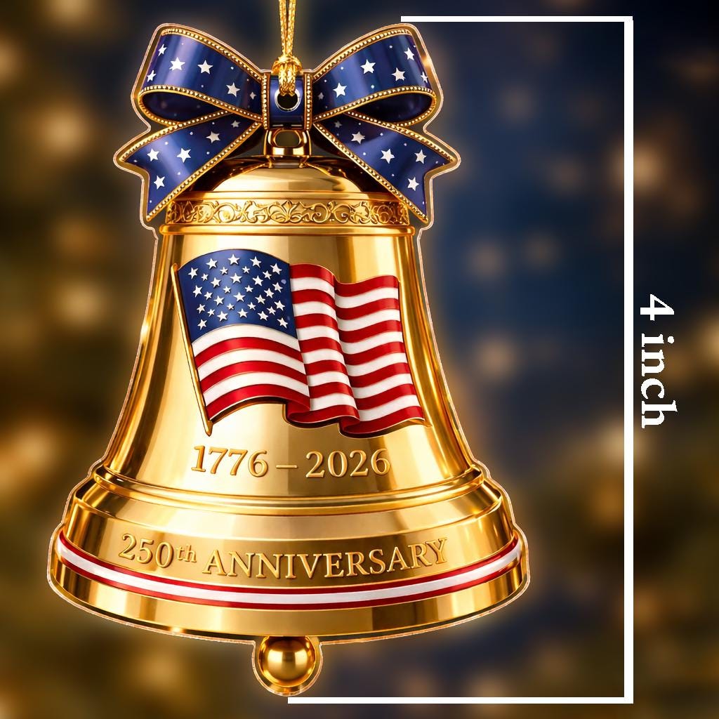 USA 250th Anniversary Golden Bell Ornament, 1776-2026 Liberty Bell Keepsake, Patriotic American Flag Gift, Luxury Holiday Decor