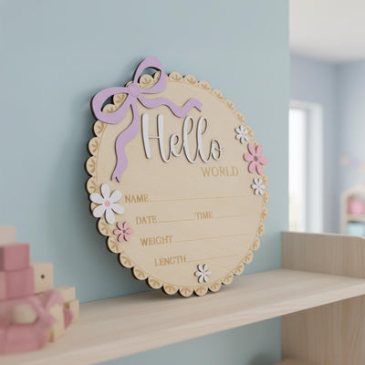 Floral Hello World Baby Sign Wooden Birth Stats Baby Girl Announcement