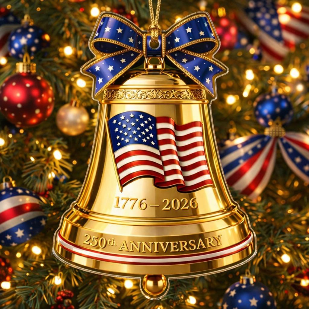 USA 250th Anniversary Golden Bell Ornament, 1776-2026 Liberty Bell Keepsake, Patriotic American Flag Gift, Luxury Holiday Decor