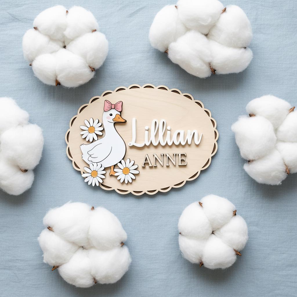 Personalized Baby Name Sign, Wooden Nursery Name Plaque with Goose, Custom Baby Girl Room Decor, Daisy Nursery Wall Decor, Baby Shower Gift