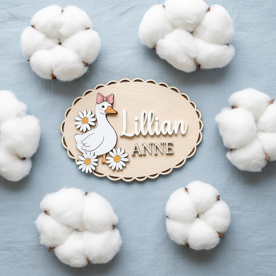 Personalized Baby Name Sign, Wooden Nursery Name Plaque with Goose, Custom Baby Girl Room Decor, Daisy Nursery Wall Decor, Baby Shower Gift
