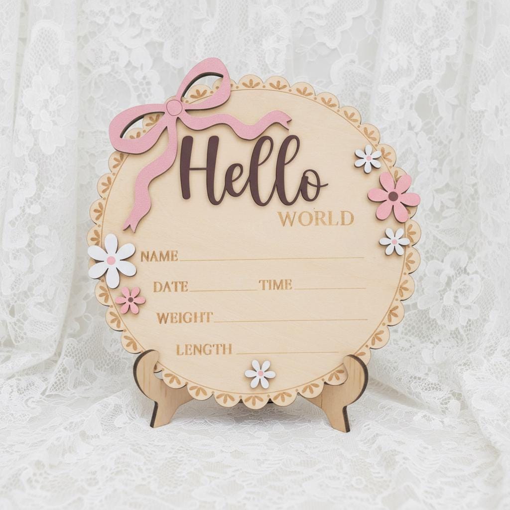 Wooden Baby Announcement Sign Hello World Floral Birth Details