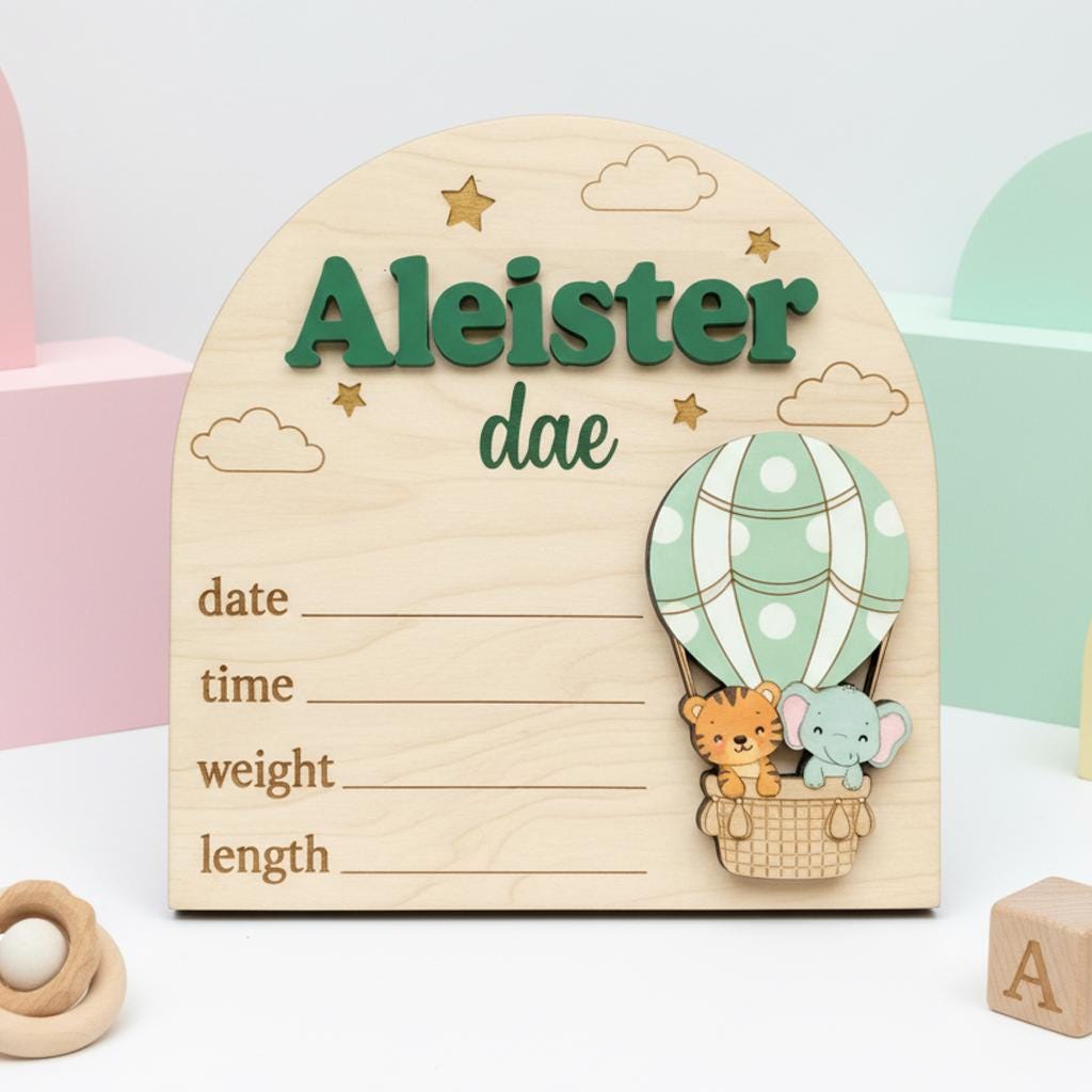 Baby Birth Stats Sign Personalized Wooden Baby Name Sign Balloon Nursery Decor Custom Newborn Announcement Sign Photo Prop