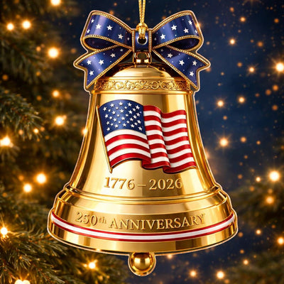 USA 250th Anniversary Golden Bell Ornament, 1776-2026 Liberty Bell Keepsake, Patriotic American Flag Gift, Luxury Holiday Decor
