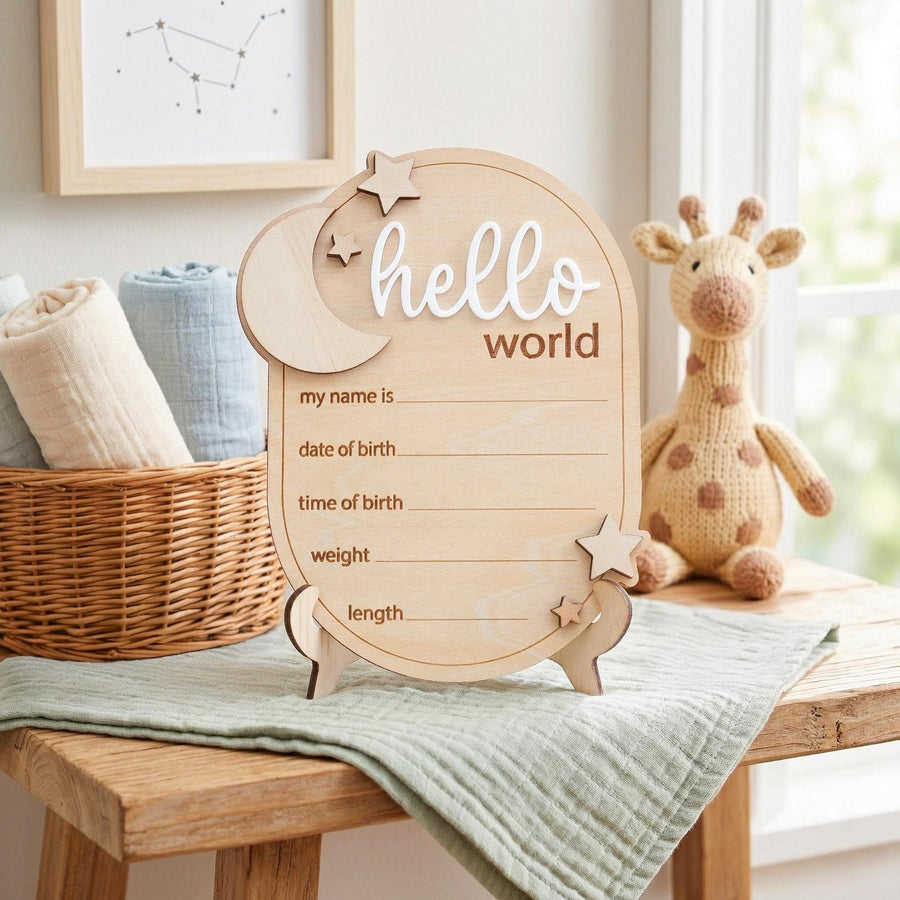 Hello World Baby Announcement Sign Hello World Sign Birth Stats Sign Custom Baby Name Sign Newborn Photo Prop Baby Shower Gift