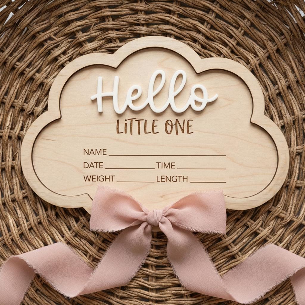 Personalized Baby Stats Plaque for Girl, Newborn Birth Announcement Sign, Boho Hospital Photo Prop, Hello Little One Nursery Decor
