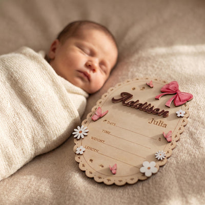 Oval Baby Name Sign for Nursery Scalloped Birth Announcement Sign for Hospital Custom Wood Name Plate Girl Bow Baby Shower Gift