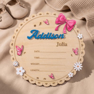 Personalized Round Baby Name Sign for Nursery Scalloped Birth Announcement Sign Custom Wood Plaque Girl Bow Baby Shower Gift