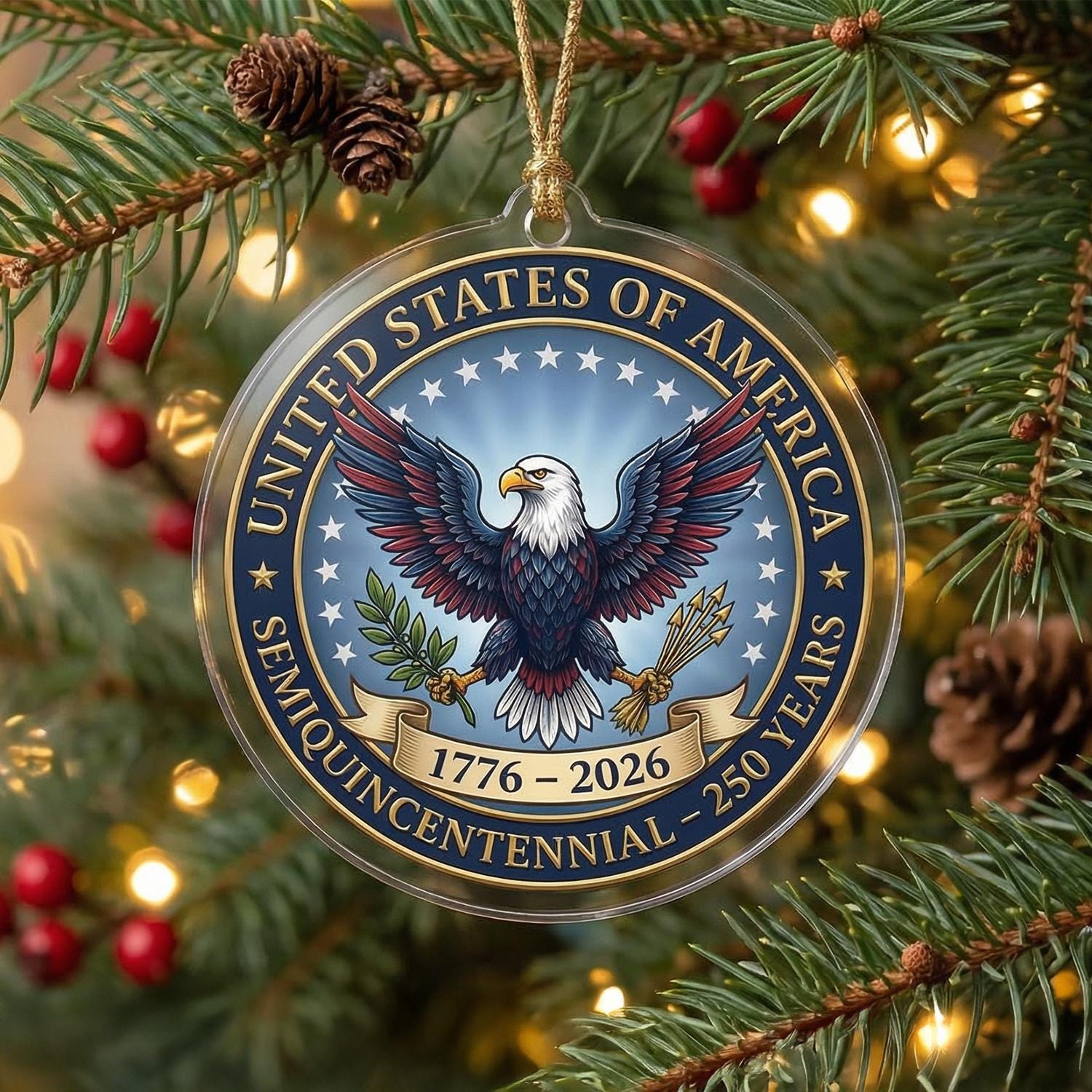 USA 250th Anniversary Semiquincentennial Ornament, 1776-2026 Eagle Seal Keepsake, Patriotic American Pride Gift, 250 Years Decor