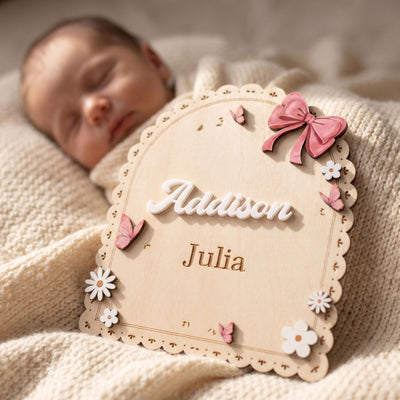 Personalized Baby Name Sign for Nursery Pink Bow Birth Announcement Sign for Hospital Custom Wood Name Plate Girl Newborn Gift