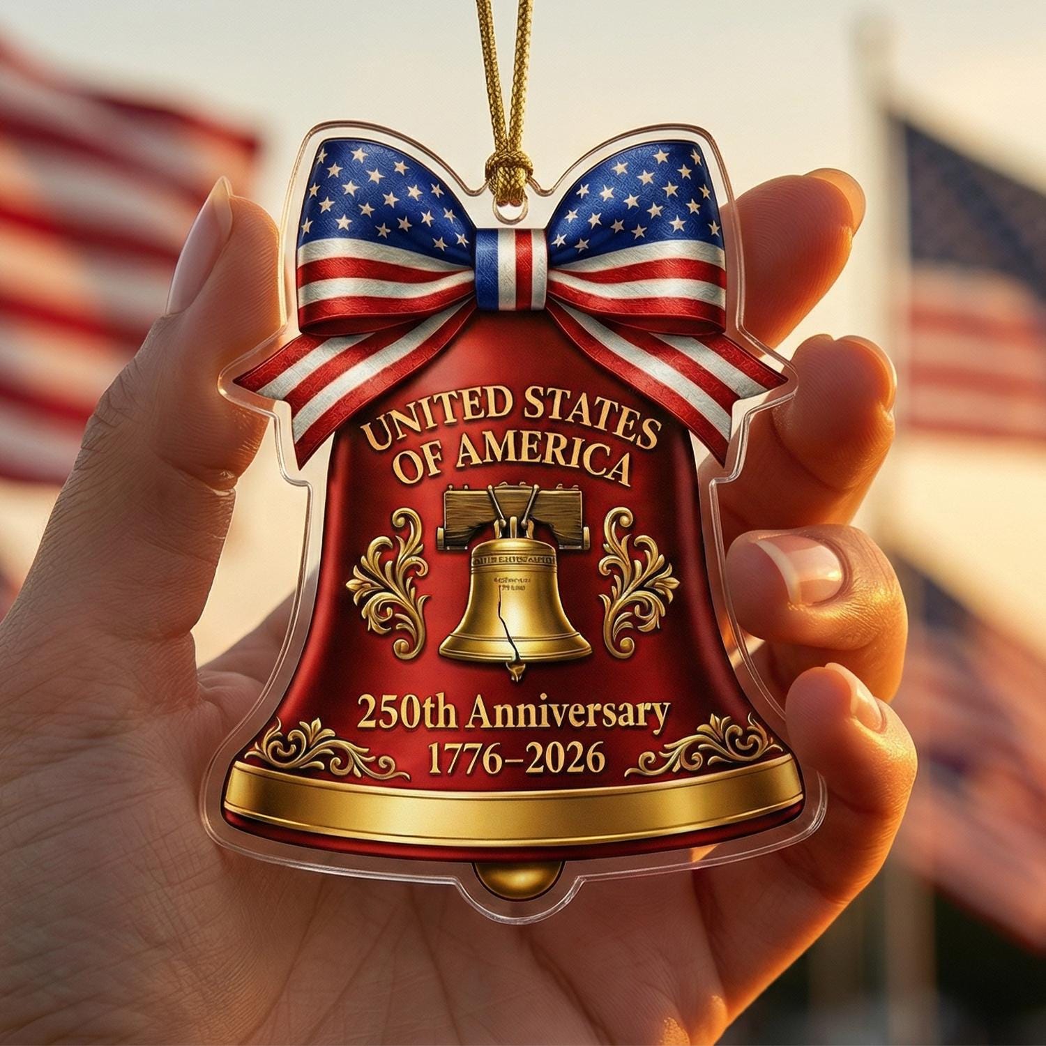 USA 250th Anniversary Bell Ornament, Liberty Bell Patriotic Gift 1776-2026, American Pride Bow Decor, 250 Years Freedom Keepsake