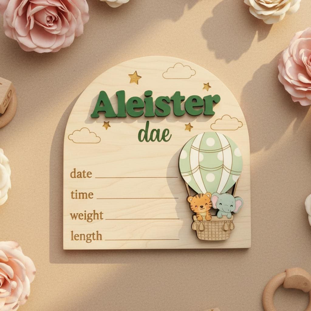Baby Birth Stats Sign Personalized Wooden Baby Name Sign Balloon Nursery Decor Custom Newborn Announcement Sign Photo Prop