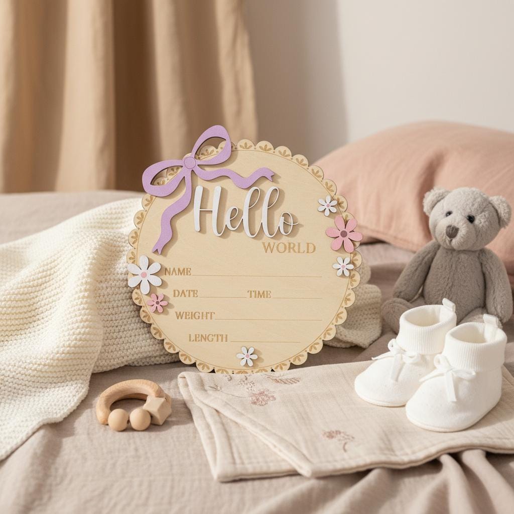Floral Hello World Baby Sign Wooden Birth Stats Baby Girl Announcement