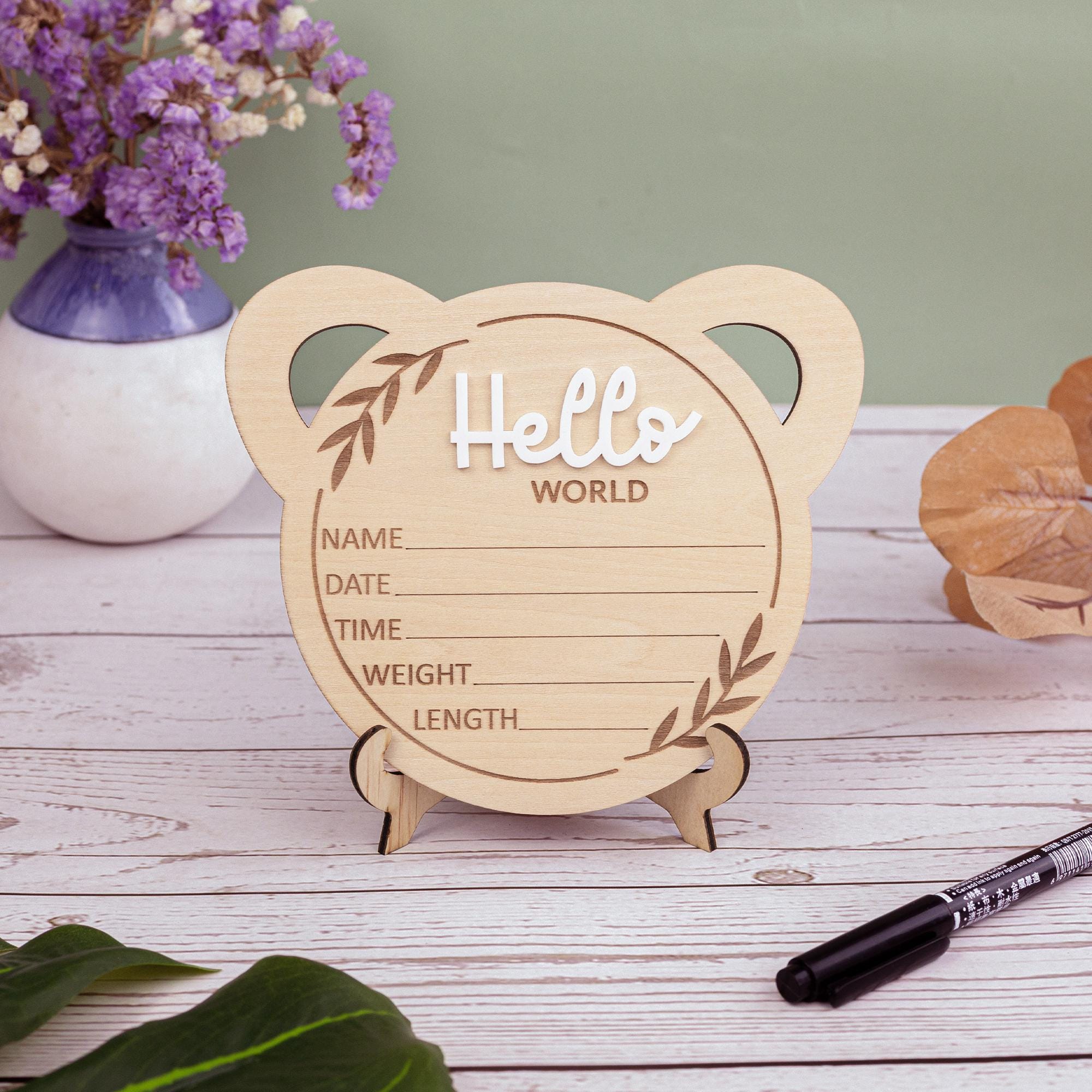 Bear Baby Announcement Sign, Hello World Baby Sign, Newborn Birth Stats Sign, Baby Shower Gift, Baby Photo Prop, Baby Boy Birth Stats Sign