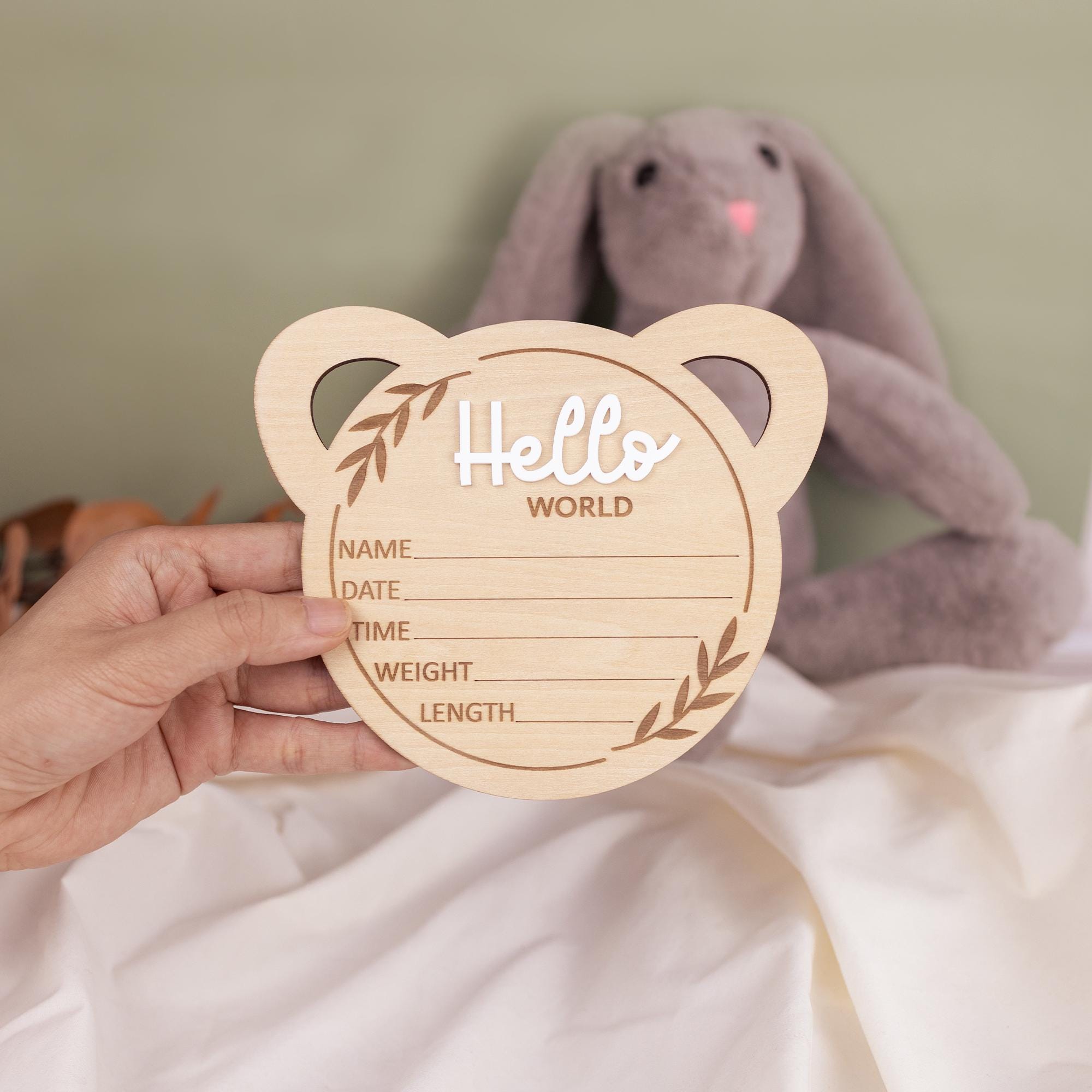 Bear Baby Announcement Sign, Hello World Baby Sign, Newborn Birth Stats Sign, Baby Shower Gift, Baby Photo Prop, Baby Boy Birth Stats Sign