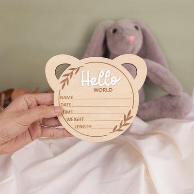 Bear Baby Announcement Sign, Hello World Baby Sign, Newborn Birth Stats Sign, Baby Shower Gift, Baby Photo Prop, Baby Boy Birth Stats Sign